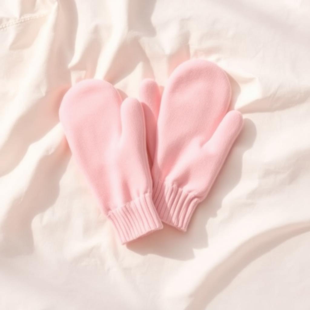 Three Smittens mittens arranged on a soft porcelain surface